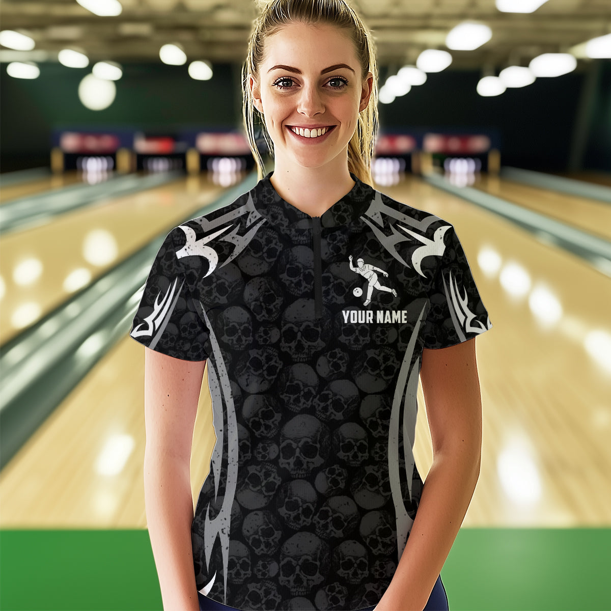 Skull Bowling Shirt for Women Personalized Patriotic Bowling Team Jersey Shirts Polo & Quarter-Zip HNT32