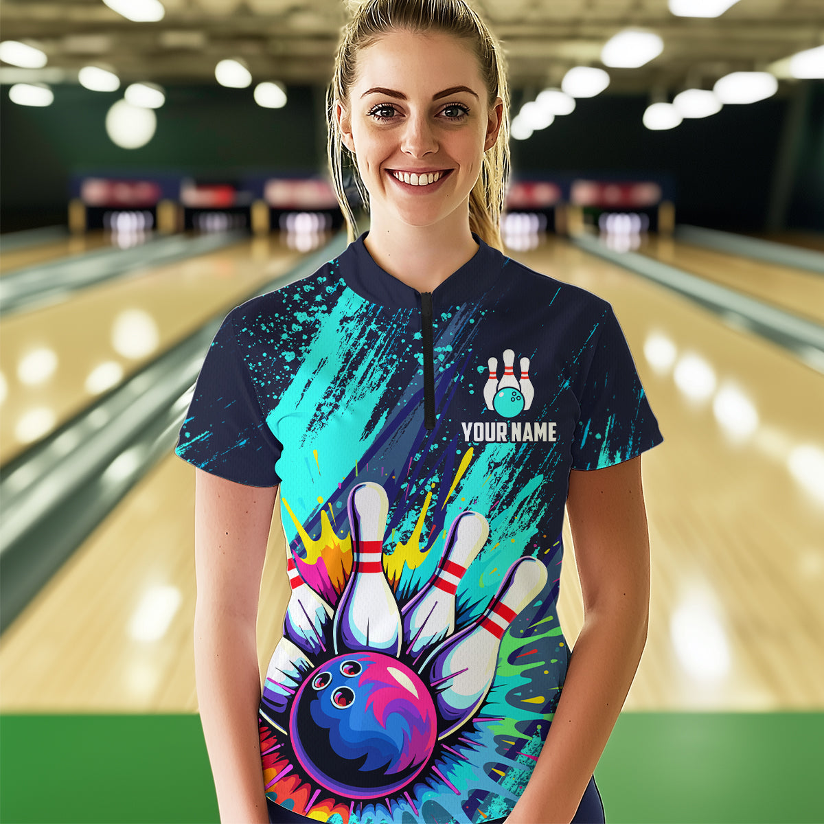 Custom Teal Bowling Shirt for Women Men Bowling Water Color Bowling Polo & 1/4 Zip Shirts MBL37