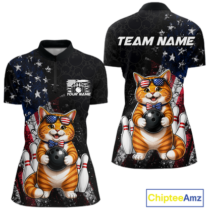 Women quarter zip shirt with a cat bowling design and 'Team Name' text on a black background with American flag pattern.