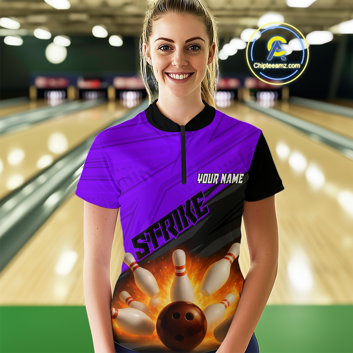 Custom Flaming Purple Bowling Shirts for Women Men Team Bowling Polo & Quarter Zip MBL99