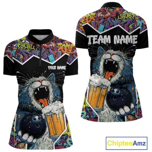Custom Funny Cat Beer Bowling Jersey for Women Polo & 1/4 Zip Bowling Team Shirts HNT146