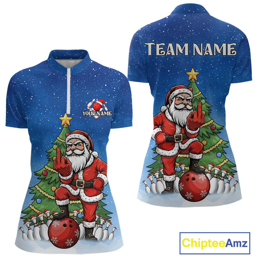 Custom Funny Santa Christmas Bowling Jersey for Women Bowling Team Shirts Polo & 1/4 Zip HNT139