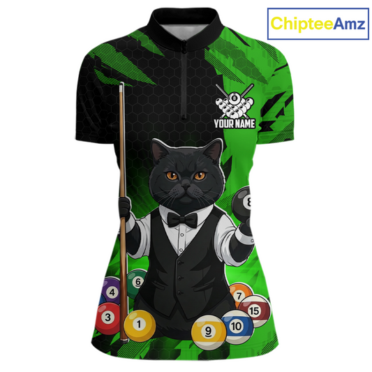 Custom Black Cat 8 Ball Pool Shirts Green Billiard Shirt for Women Billiard Team Jersey Billiard Gift NNT181