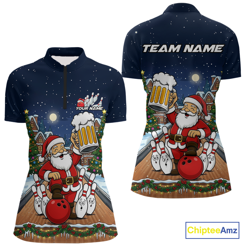 Custom Funny Beer Santa Christmas Bowling Jersey for Women Bowling Team Shirts Polo & 1/4 Zip HNT140