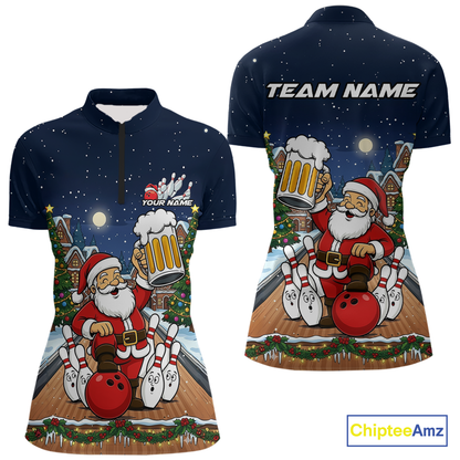 Custom Funny Beer Santa Christmas Bowling Jersey for Women Bowling Team Shirts Polo & 1/4 Zip HNT140