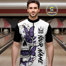 Load image into Gallery viewer, Purple Butterfly Skull Bowling Men Bowling Shirt Polo &amp; Quarter-Zip Bowling Team Jerseys HNT80