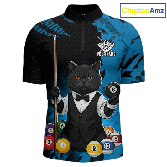 Custom Black Cat 8 Ball Pool Shirts Blue Billiard Shirt for Men Billiard Team Jersey Billiard Gift NNT181