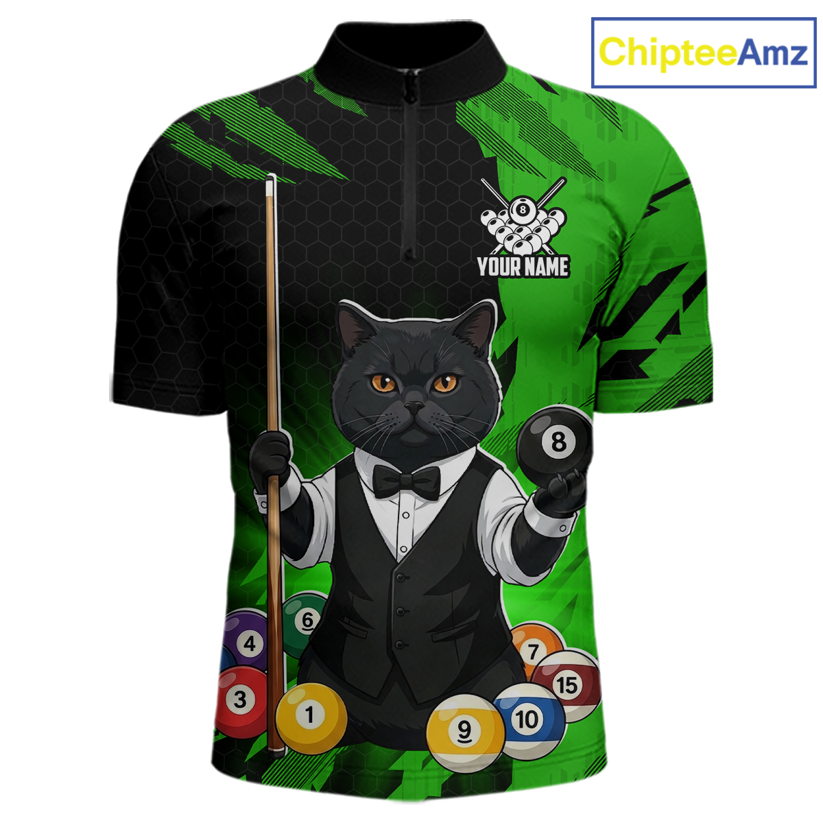 Custom Black Cat 8 Ball Pool Shirts Green Billiard Shirt for Men Billiard Team Jersey Billiard Gift NNT181