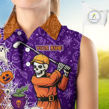 Halloween Skull Playing Golf Mens Golf Polo Shirt Custom Halloween golf outfit For Men Golf Gifts NQS10340