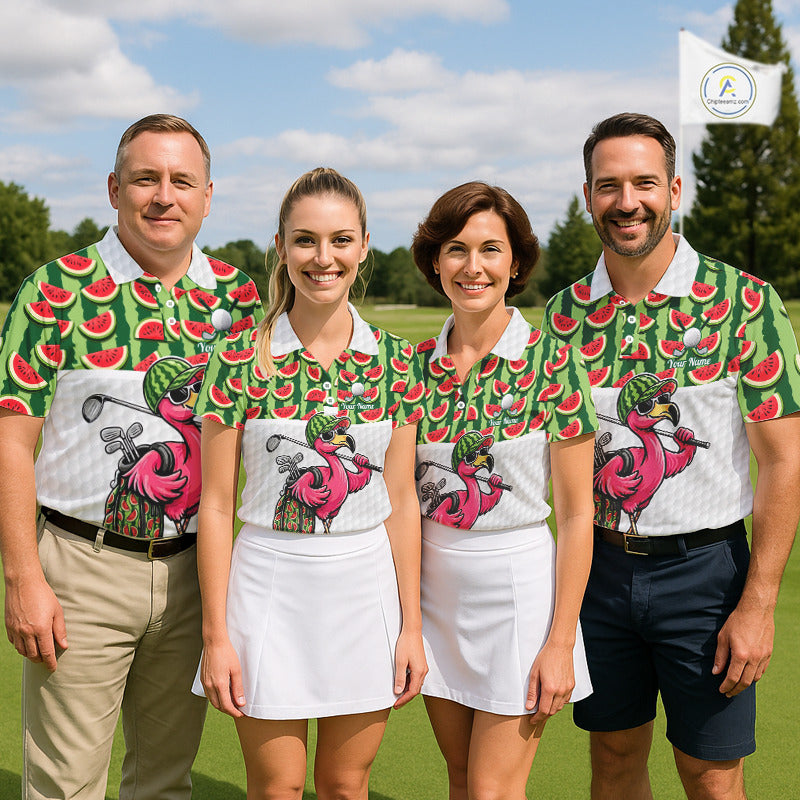 Golfing Flamingo Mens Funny Golf Polo Shirt Custom Green Pattern Watermelon Golf Ball Clothes Shirts NHT740
