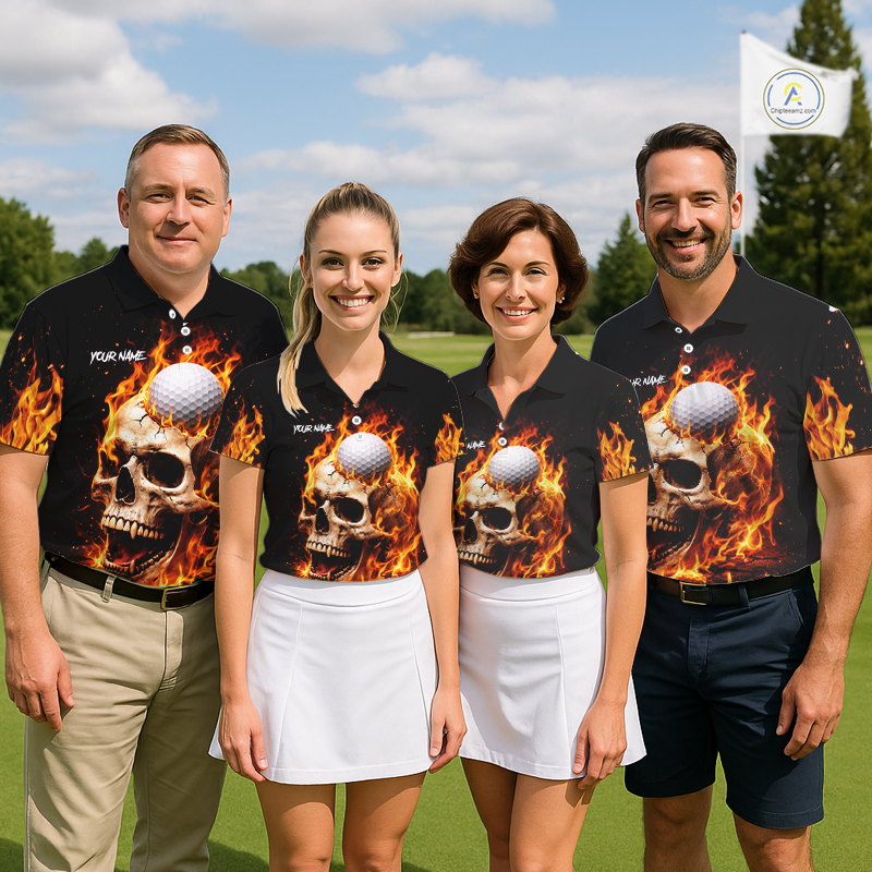 Flame Skull Golf Polo shirts for men custom Skull Fire team golf shirts, golf gifts for men NQS11576