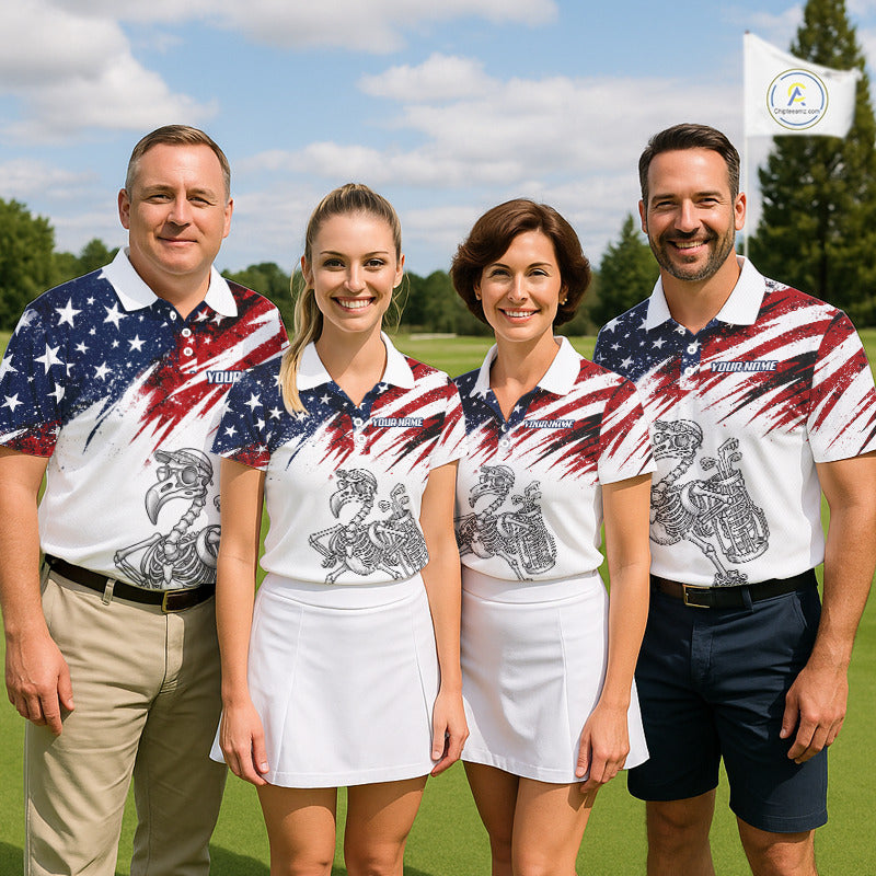 Patriotic Golf Polo Shirt – USA Flag Skull Flamingo Golfer Funny Golf Outfit For Men NHT780