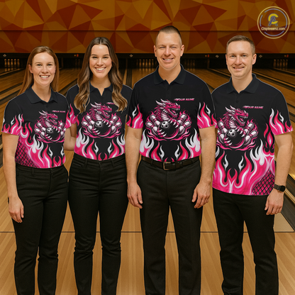 Black and Pink Flame Dragon Bowling Polo, 1/4 Zip Shirts For Women Custom Dragon Bowling Team Jerseys NQS11733