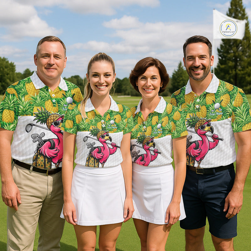 Golfing Flamingo Mens Funny Golf Polo Shirt Custom Yellow Pattern Pineapple Golf Ball Clothes Shirts NHT739