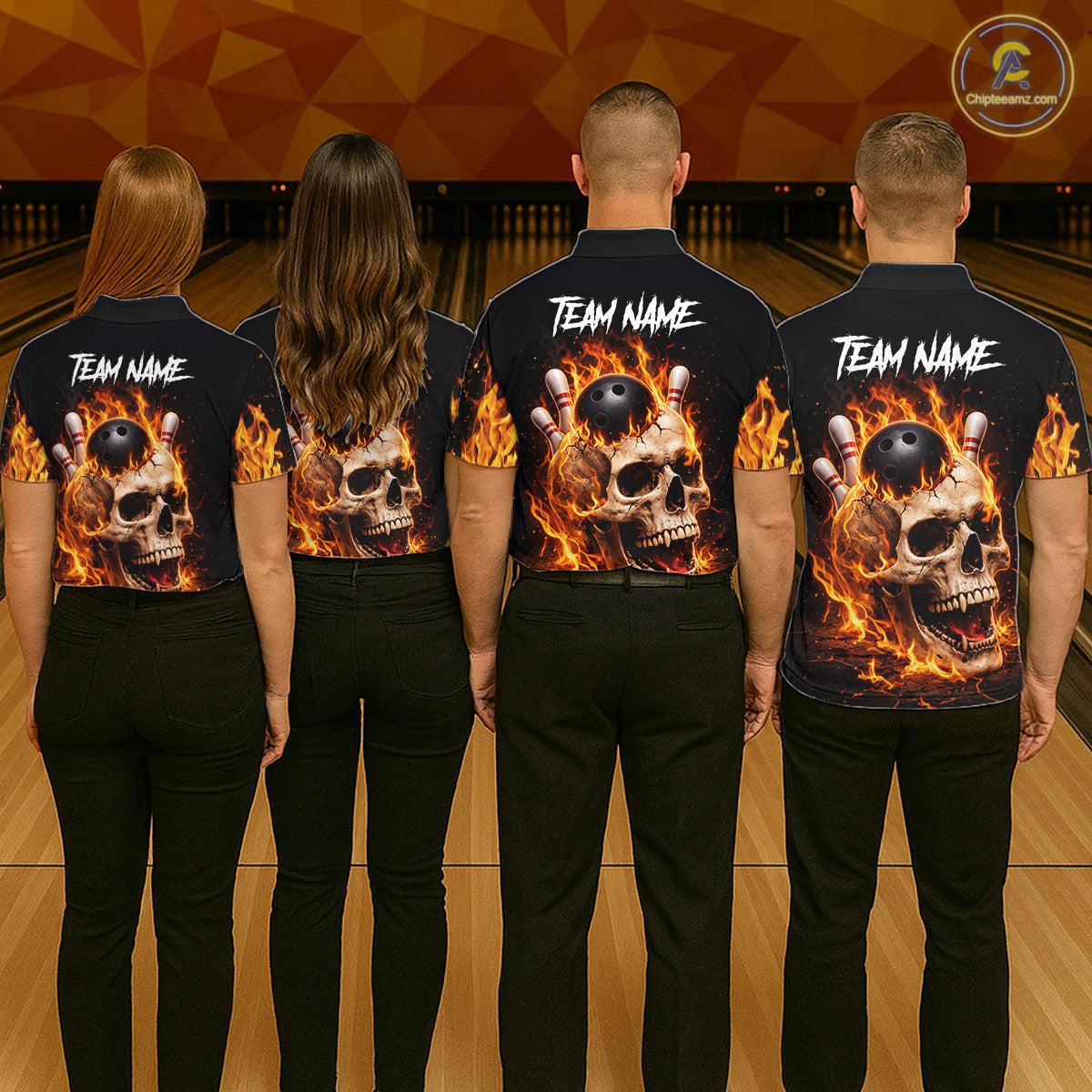 Flame Skull Bowling Polo, 1/4 zip shirts for Women custom Skull team Bowling uniforms league jerseys NQS11577