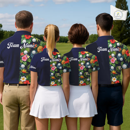 Mens Golf Polo Shirt Green Tropical Flower Leaves Custom Name Golf Polo Shirts, Golfing Gift NHT720