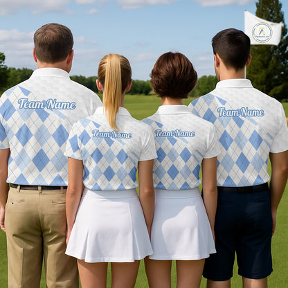 Personalized Blue White Argyle Plaid Pattern Mens Golf Polo Shirts, Blue Golf Tops For Mens NHT674