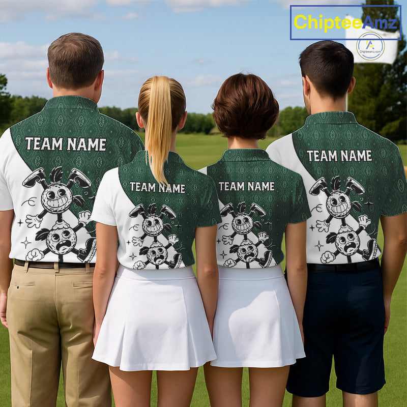 Green White Funny Golf Ball Pattern Mens Golf Polo Shirts Custom Golf Outfits Men, Green Golf Tops NHT784