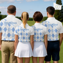 Load image into Gallery viewer, Personalized Blue White Argyle Plaid Pattern Womens Golf Polo Shirts, Blue Golf Tops For Womens NHT674