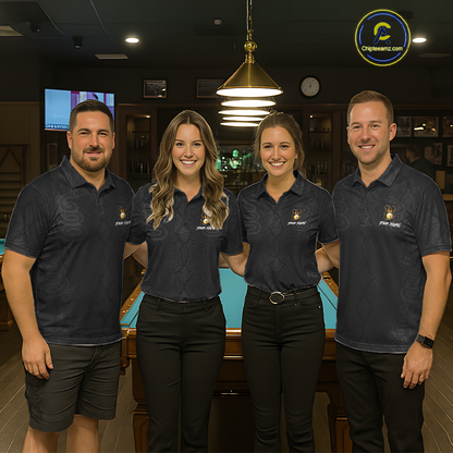 Four people in matching dark polo shirts standing in a bar setting.