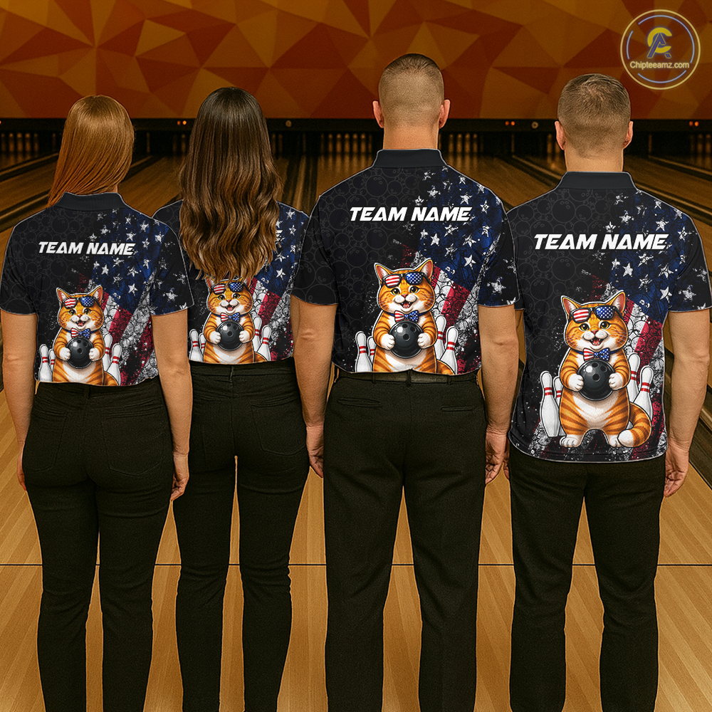 Four people wearing bowling shirts with a cat american flag design and 'Team Name' text on a bowling alley background.