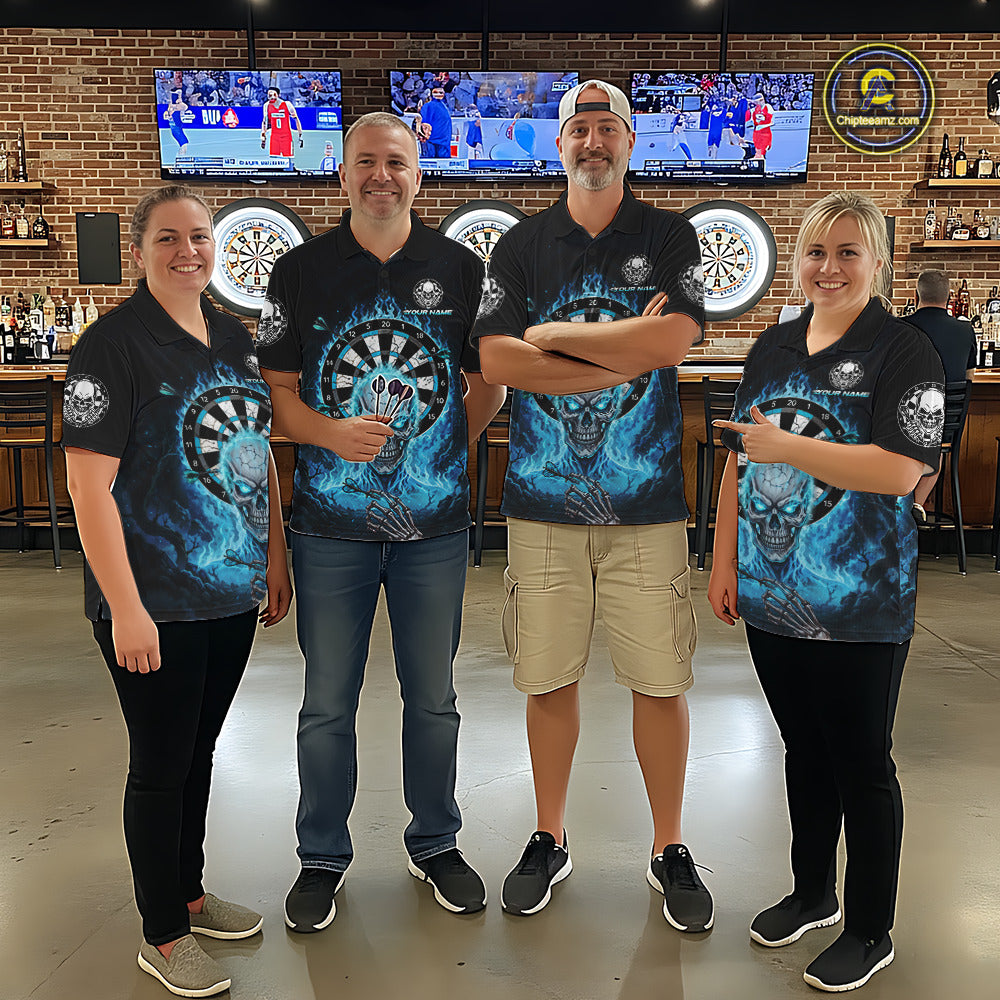 Black Blue Flaming Skeleton Darts Custom Women's Dart Polo Shirts Team Dart League Jerseys NYN2073