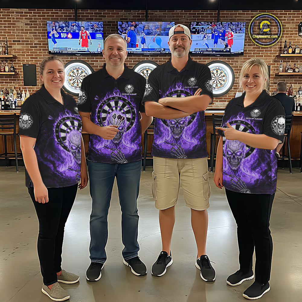 Black Purple Flaming Skeleton Darts Custom Women's Dart Polo Shirts Team Dart League Jerseys NYN2074