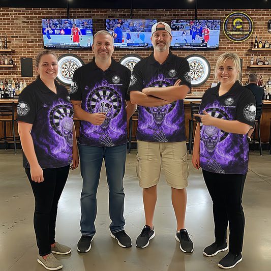 Black Purple Flaming Skeleton Darts Custom Women's Dart Quarter-Zip Shirts Team Dart League Jerseys NYN2074