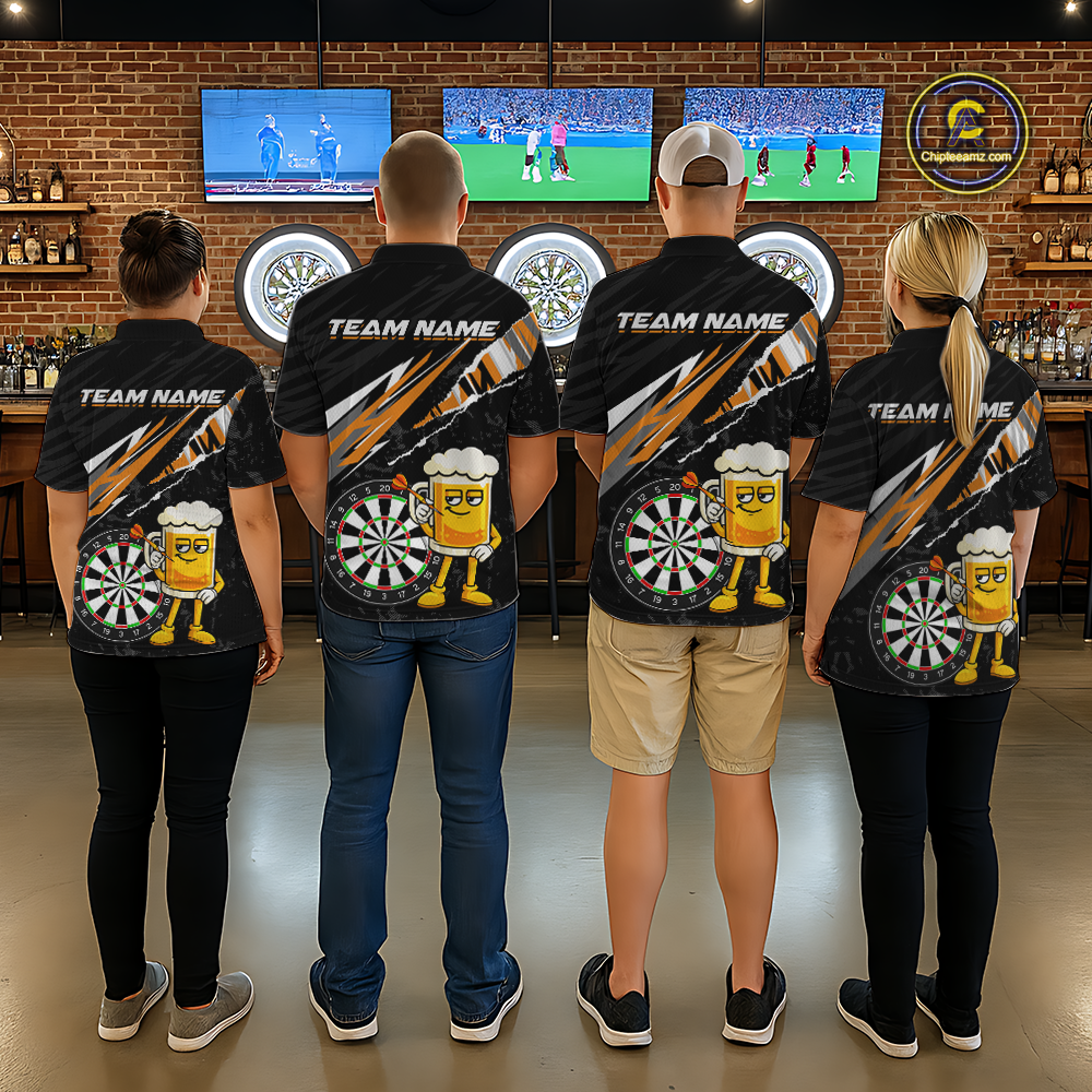 Custom Orange Funny Beer Dart Shirts for Women Darts Team Jerseys Dart Tournament Polo & 1/4 Zip NNT139