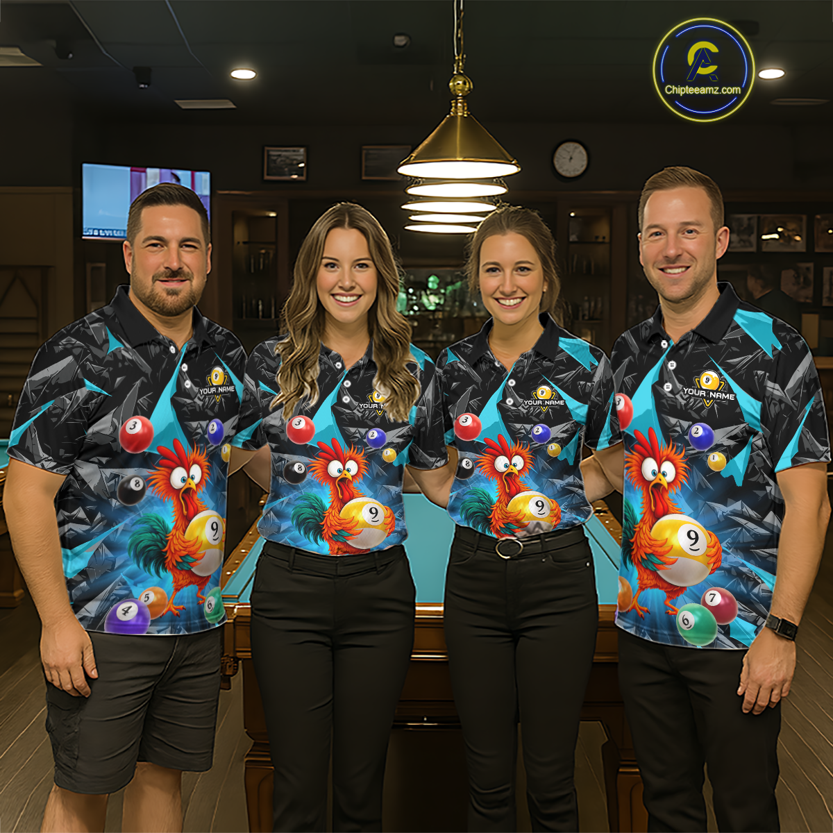 Custom Funny Turquoise Chicken 9 Ball Pool Billiard Shirt for Men Polo & 1/4 Zip, Billiard Team Jerseys NNT157