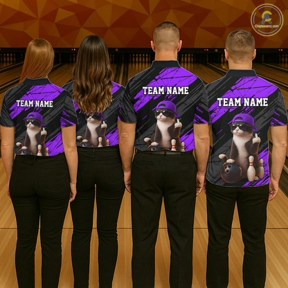 Custom Funny Cat Purple Bowling Jersey for Women Bowling Polo & 1/4 Zip Bowling Team Shirts HNT198