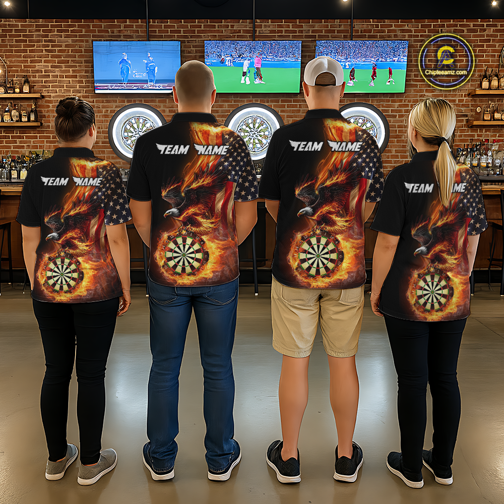 Custom Flame US Flag Eagle Darts Shirt for Men Darts Team Jerseys Dart Tournament Polo & 1/4 Zip NNT112
