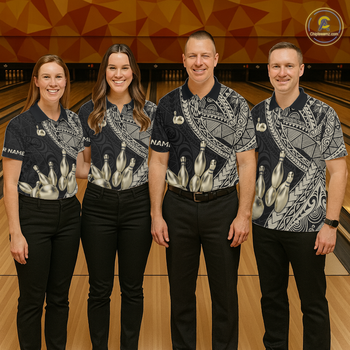 Black and Gold Tribal Pattern Bowling Jersey for Women Bowling Uniform Bowling Team Shirts HNT225