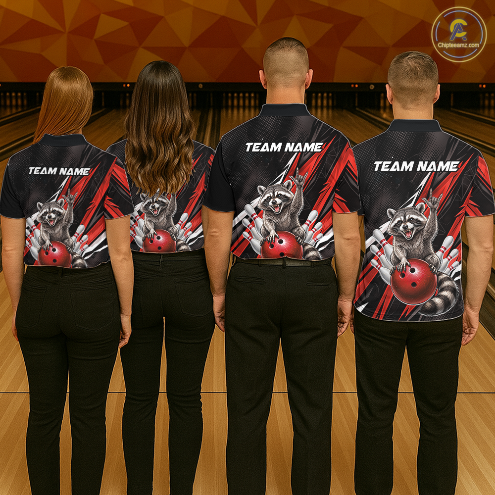 Custom Red Raccoon Bowling Jersey for Men Bowling Team Shirts Bowling Polo & 1/4 Zip HNT254
