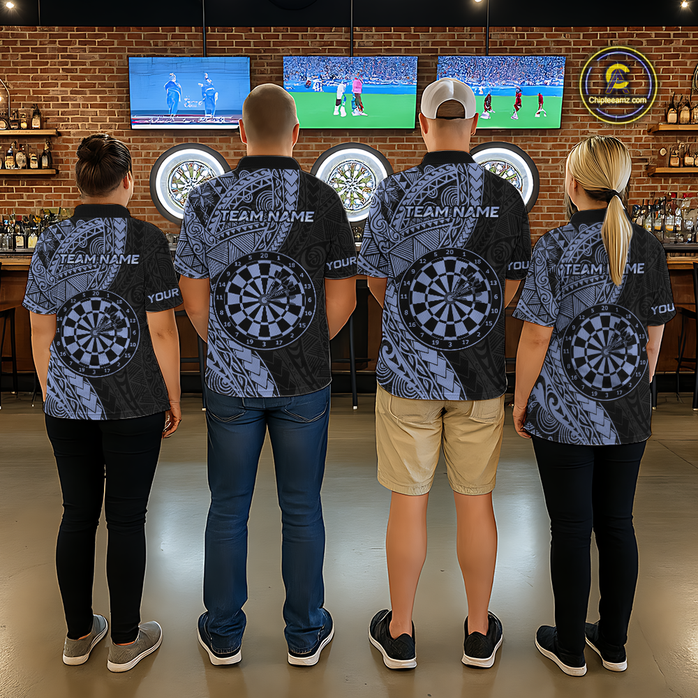 Custom Blue Tribal Dart Shirts for Women Dart Team Jersey Dartboard Gifts Polo & 1/4 Zip NNT163