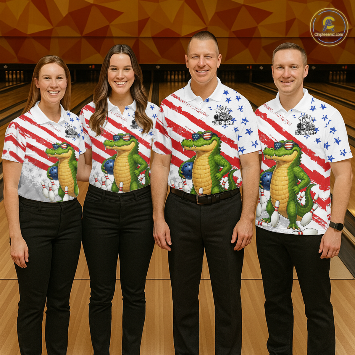 Custom US Flag Funny Alligator Bowling shirts for Women, Crocodile Bowling Team Jerseys HNT206