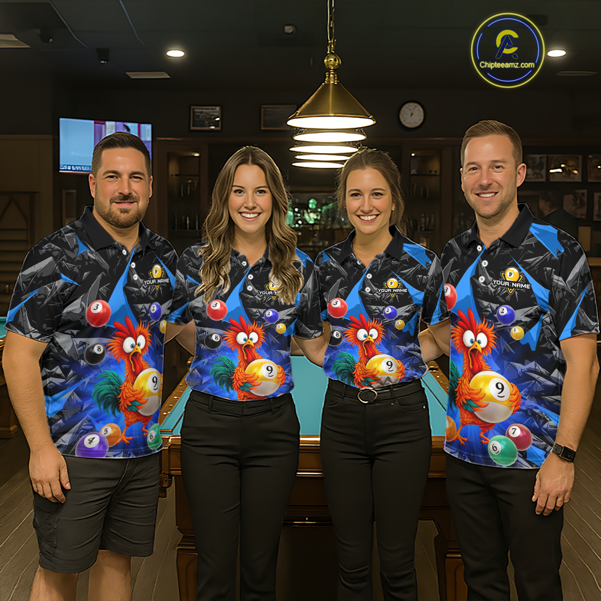 Custom Funny Blue Chicken 9 Ball Pool Billiard Shirt for Men Polo & 1/4 Zip, Billiard Team Jerseys NNT157