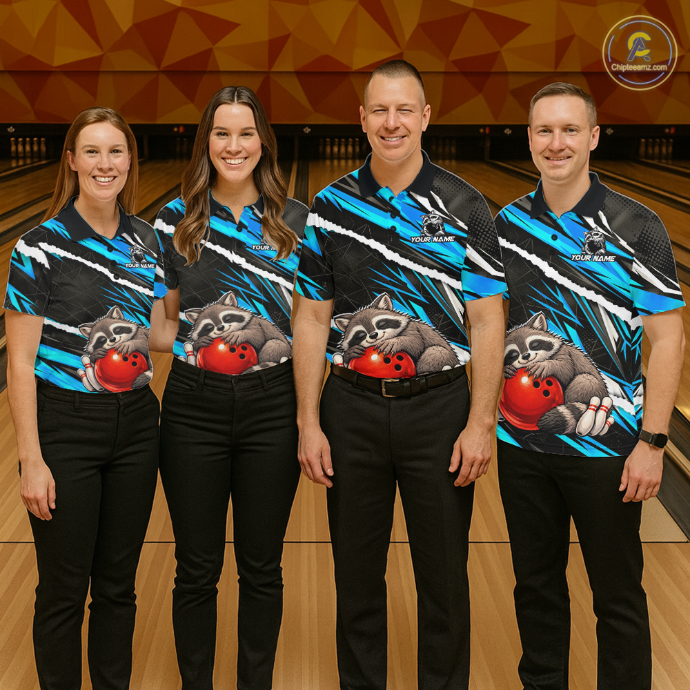 Custom Turquoise Raccoon Funny Bowling Jersey for Women Bowling Team Shirts Polo & 1/4 Zip HNT247