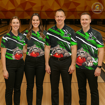 Custom Green Raccoon Funny Bowling Jersey for Men Bowling Team Shirts Polo & 1/4 Zip HNT247