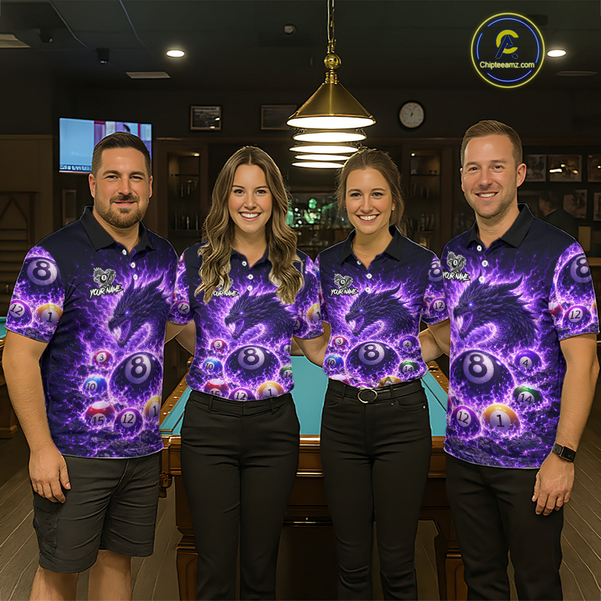 Purple Flaming Funny Dragon Pool 8 Ball Billiard Shirt For Women Custom Ball Billiard Team Attire NYN2611