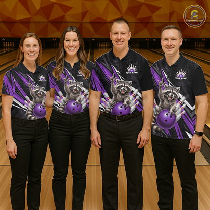 Custom Purple Raccoon Bowling Jersey for Women Bowling Team Shirts Bowling Polo & 1/4 Zip HNT254
