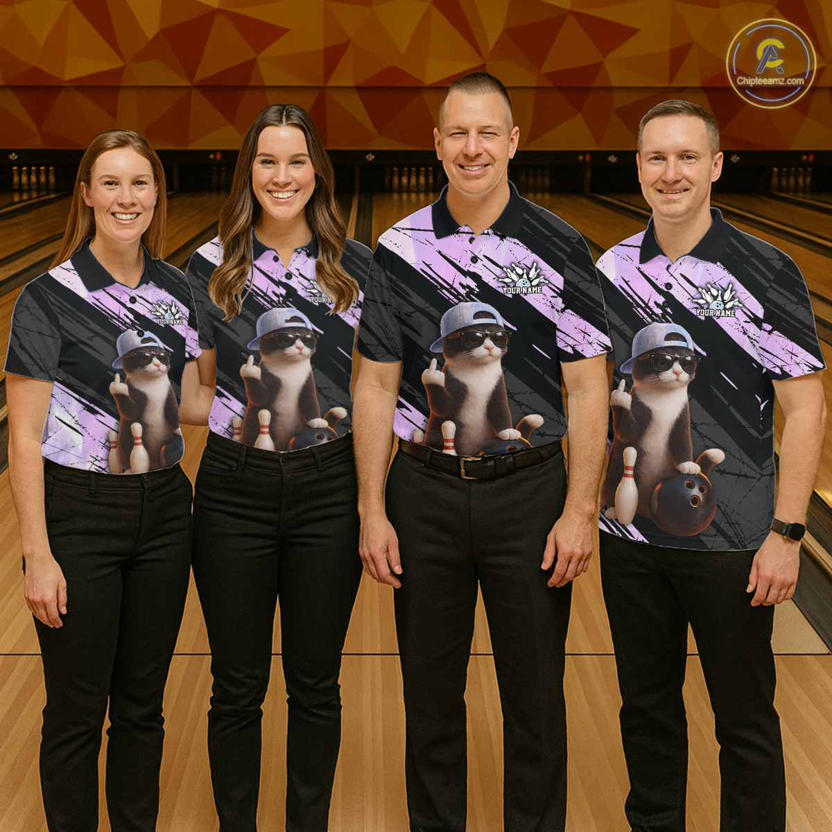 Custom Funny Cat Holographic Bowling Jersey for Women Bowling Polo & 1/4 Zip Bowling Team Shirts HNT198