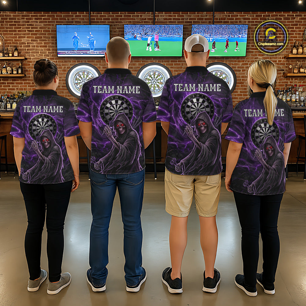 Grunge Purple Grim Reaper Men Darts Polo & 1/4-Zip Shirts Custom Thunder Lightning Darts Team Jersey NYN3037