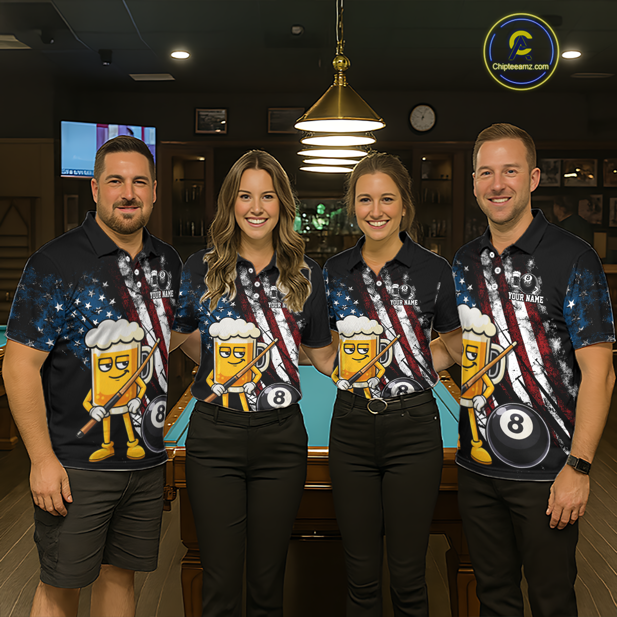 Custom Funny US Flag Beer 8 Ball Pool Men Billiard Polo & 1/4 Zip, Billiard Shirt, Billiard Team Jerseys NNT146