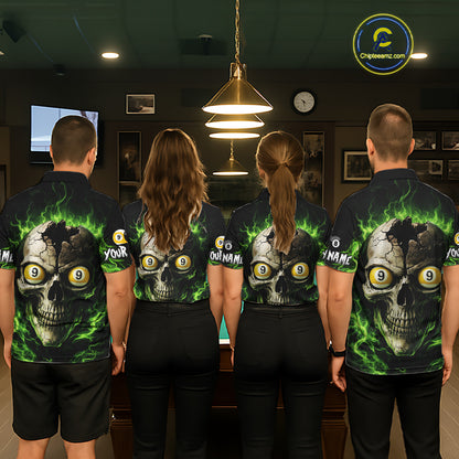 Green Flaming Cracked Skull 8 Ball & 9 Ball Pool Billiard Shirt For Women Custom Billiard Apparel NYN2635