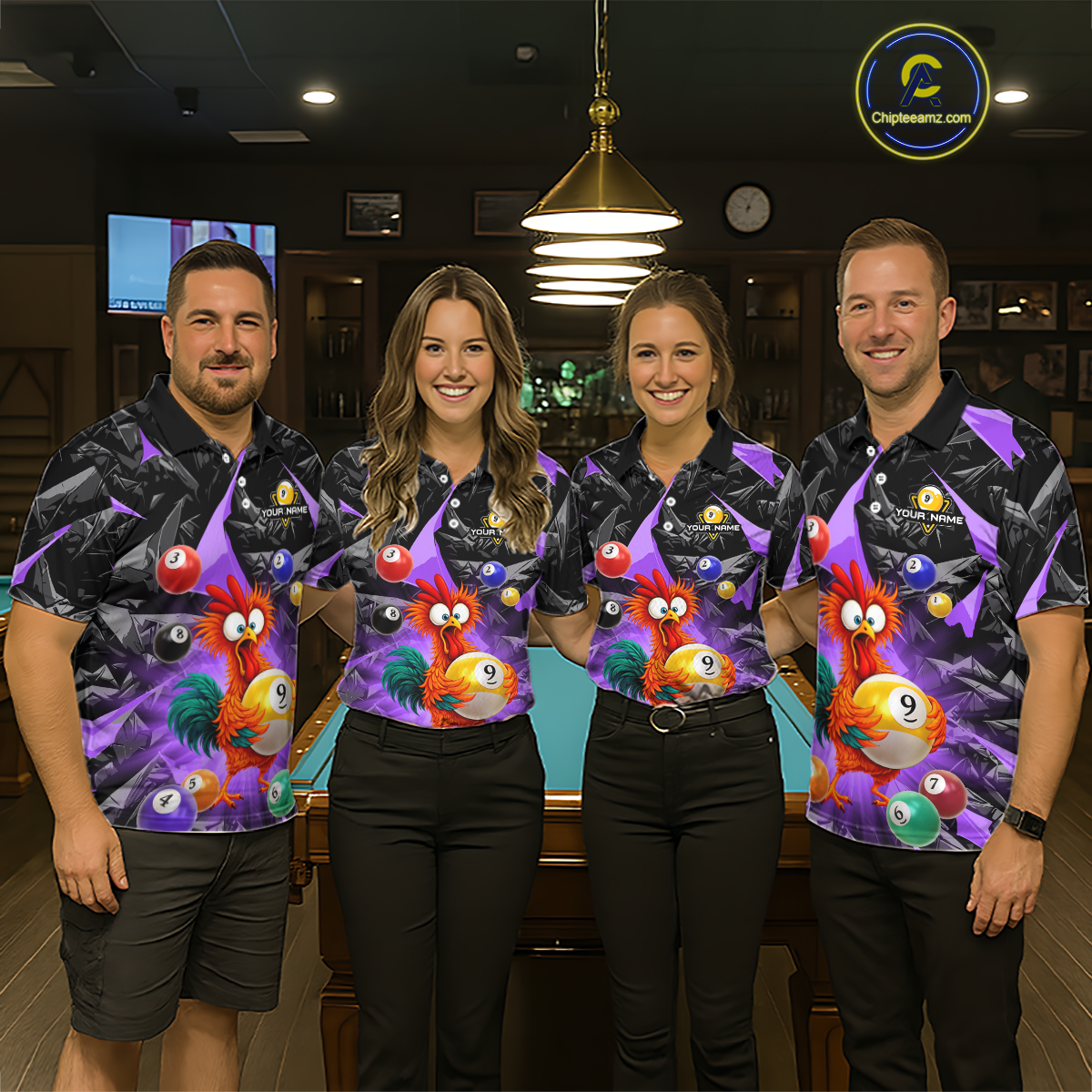Custom Funny Purple Chicken 9 Ball Pool Billiard Shirt for Women Polo & 1/4 Zip, Billiard Team Jerseys NNT157