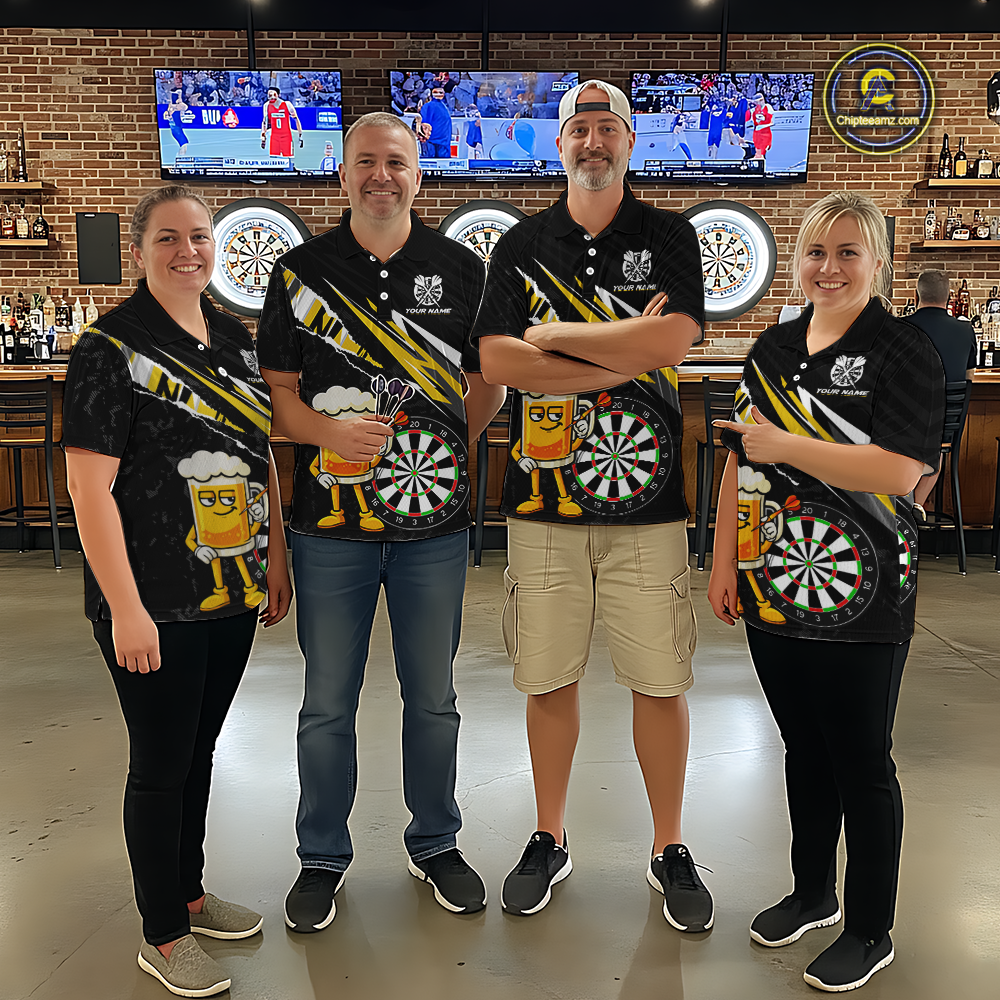 Custom Yellow Funny Beer Dart Shirts for Women Darts Team Jerseys Dart Tournament Polo & 1/4 Zip NNT139