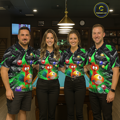 Custom Funny Green Chicken 9 Ball Pool Billiard Shirt for Men Polo & 1/4 Zip, Billiard Team Jerseys NNT157