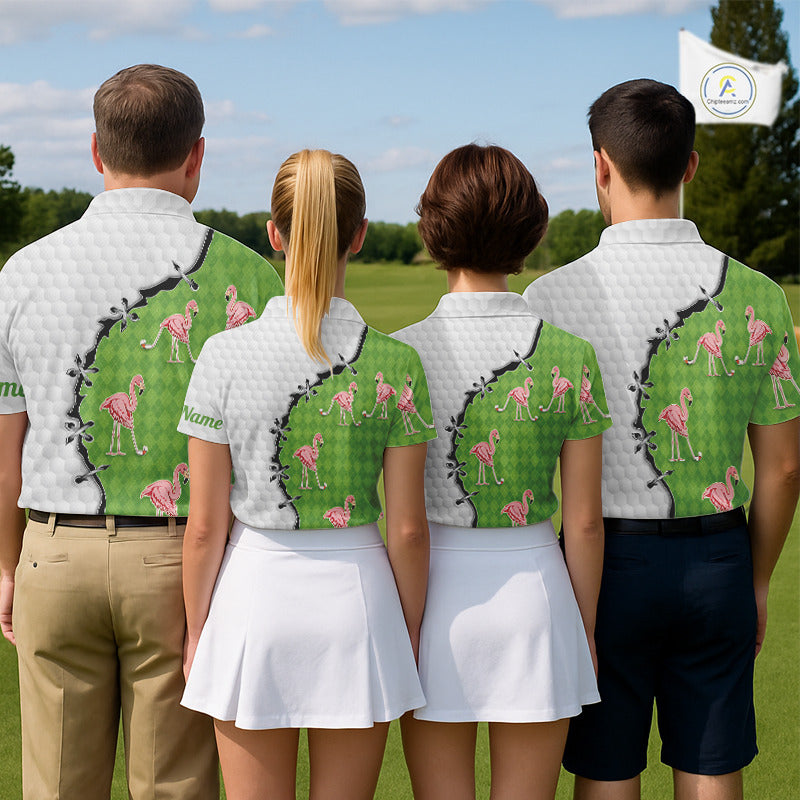Funny Mens Golf Polo Shirt Green Argyle Flamingo Pattern Custom Name White Golf Shirt NBT558