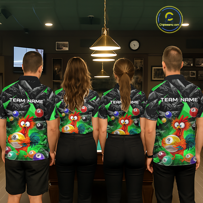 Custom Funny Green Chicken 9 Ball Pool Billiard Shirt for Women Polo & 1/4 Zip, Billiard Team Jerseys NNT157